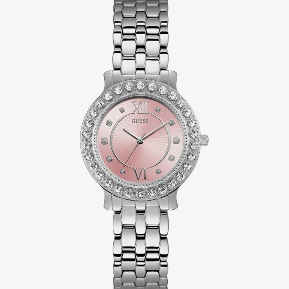 GUESS Silver Tone Bracelet Watch Pink Crystal Bezel Stainless Steel Women’s